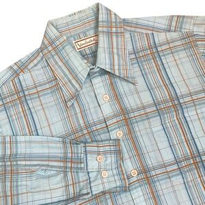 Landmark Vintage Plaid Button Up Shirt Mens 16.5 Blue Dagger Collar 70s‎ Retro